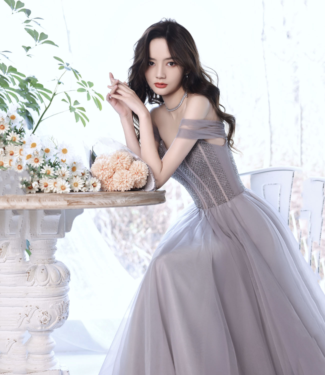 Süßes Tüll Perlen langes Ballkleid A-Linie Abendkleid 10319