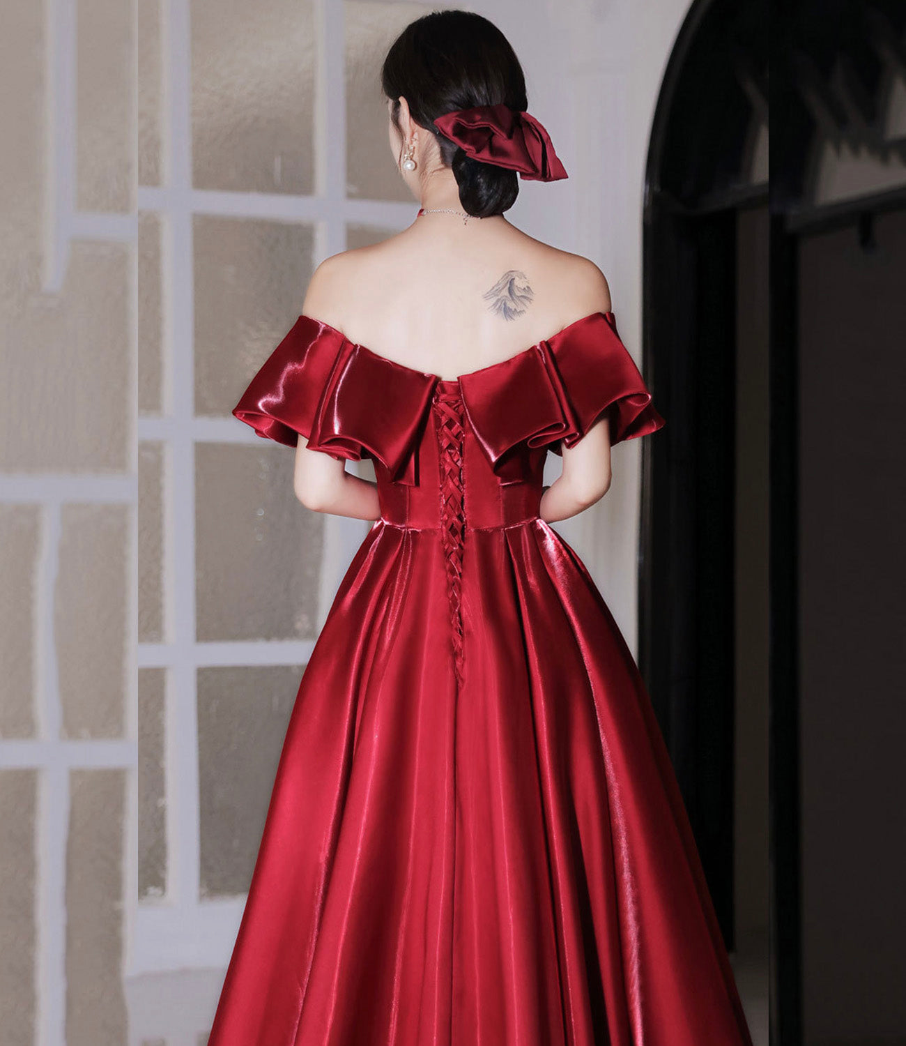 Red satin long prom dress A line evening dress  10582