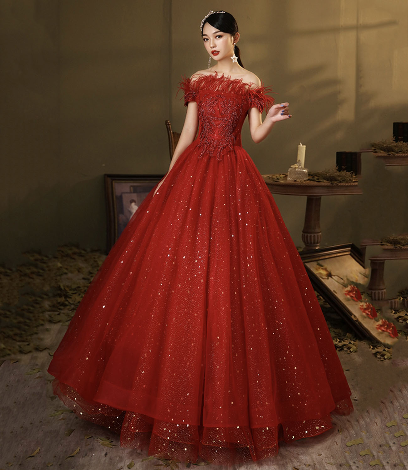 Red tulle sequins long ball gown dress A line evening dress  10324