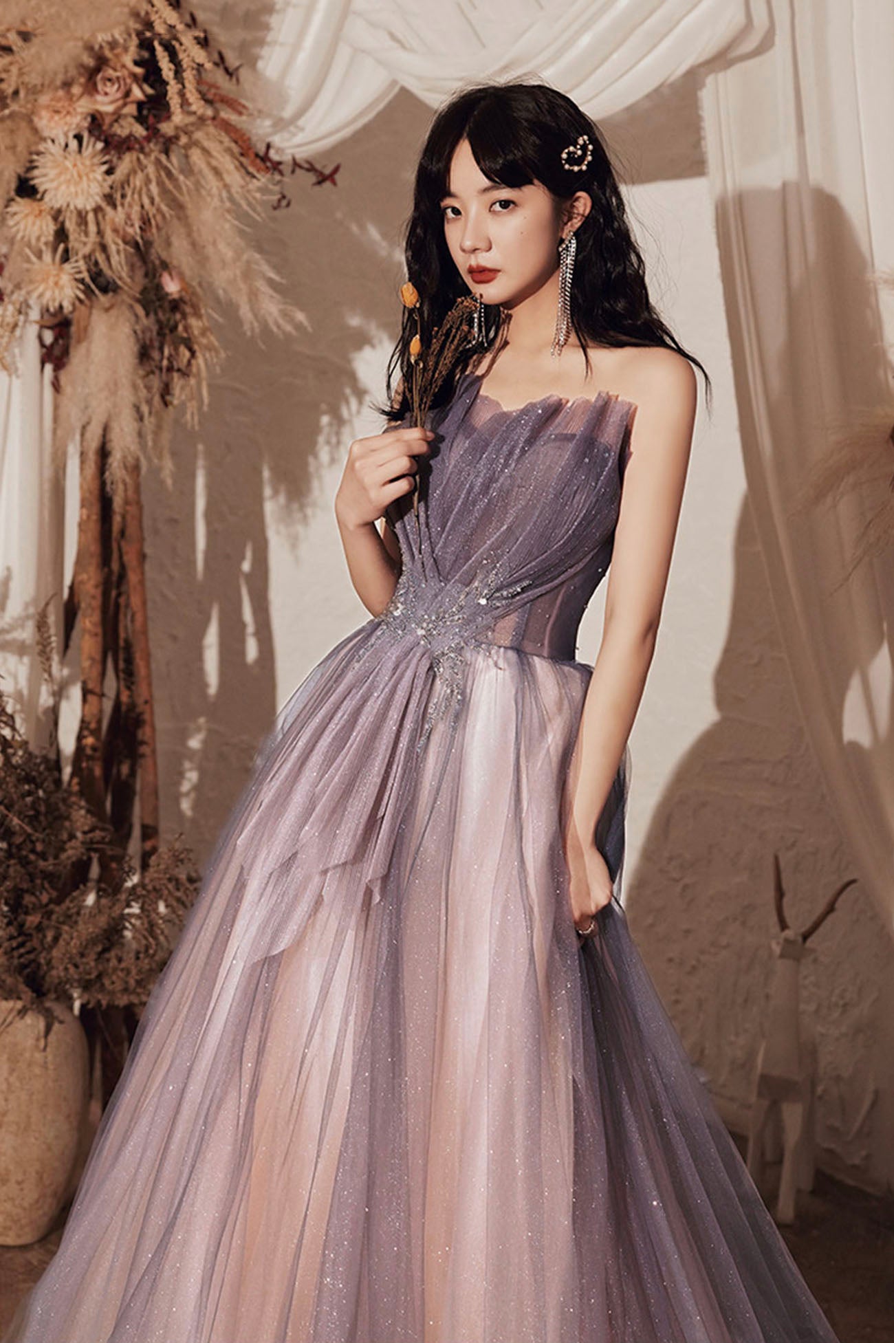 Robe de soirée longue en tulle violet à paillettes 10648