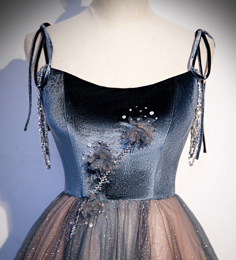 Blue tulle sequins long prom dress evening dress  8504