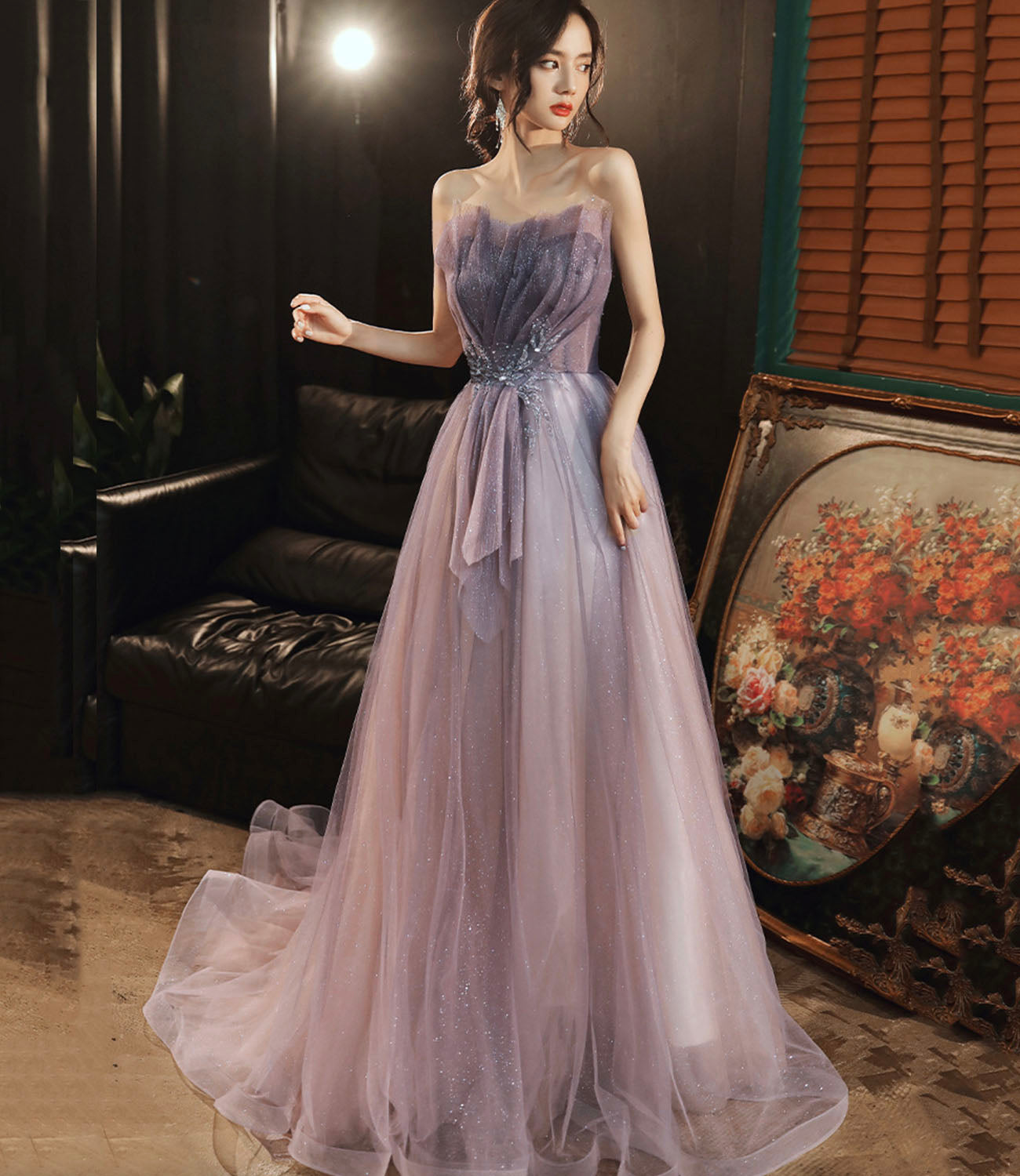 Robe de soirée longue en tulle violet à paillettes 10624