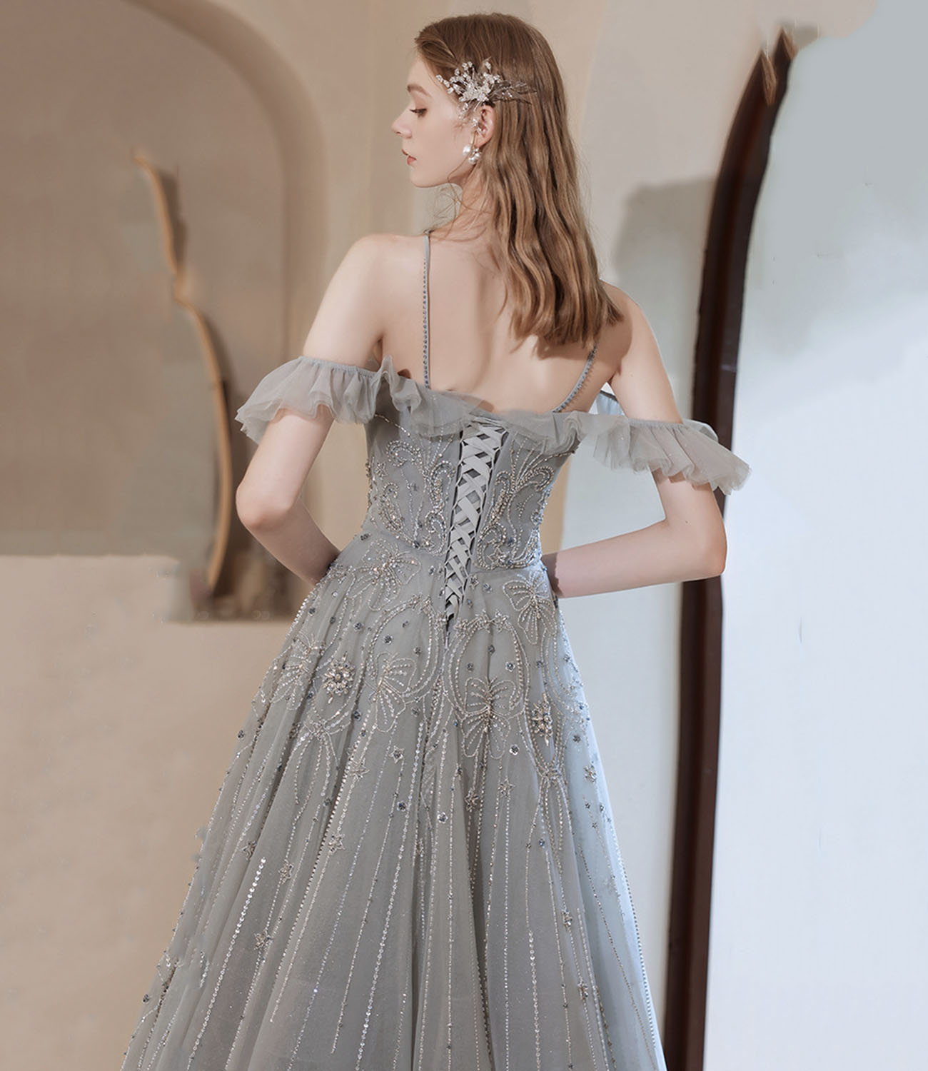 Gray tulle beads long prom dress A line evening dress  10425
