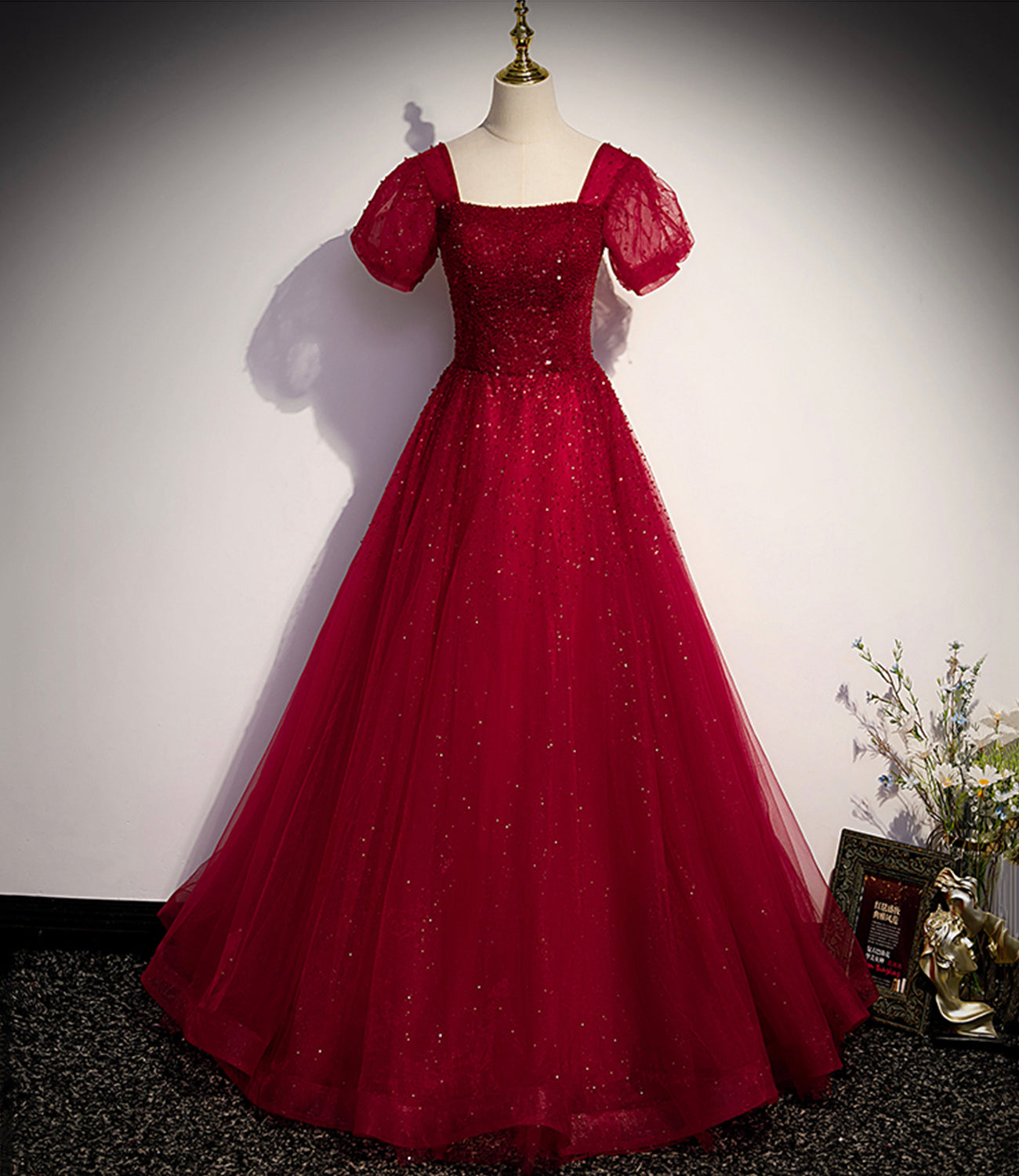 Burgundy tulle beads long ball gown dress formal dress  10142