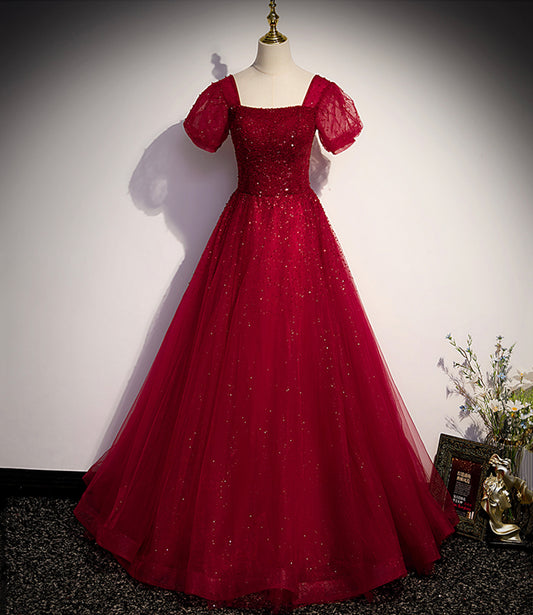 Burgundy tulle beads long ball gown dress formal dress  10142
