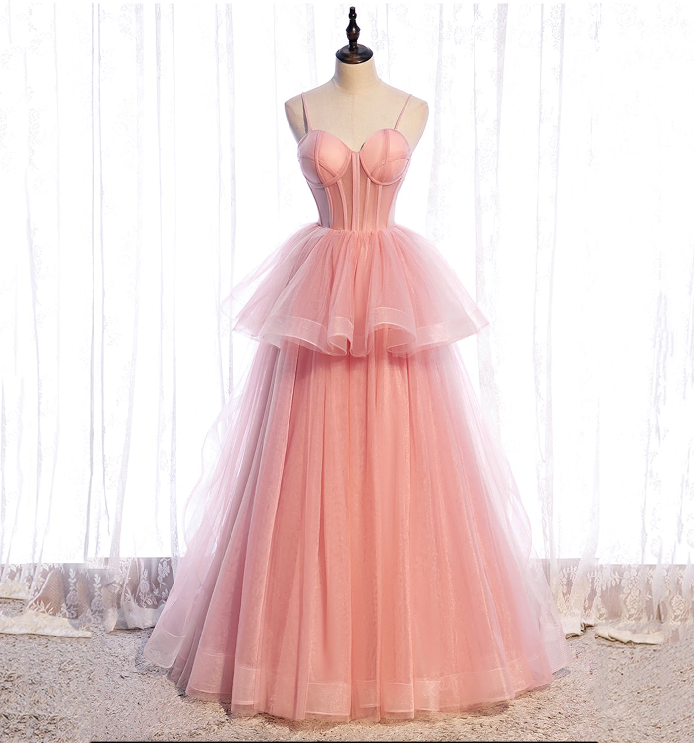 Robe de soirée longue en tulle rose Robe de soirée trapèze 10012