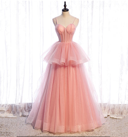Robe de soirée longue en tulle rose Robe de soirée trapèze 10012