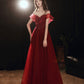 Burgundy tulle beads long prom dress A line evening gown  10481