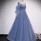 Blue tulle long prom dress simple evening dress  8430