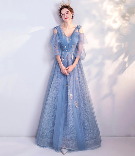 Blue v neck tulle long prom dress A line evening dress  10144
