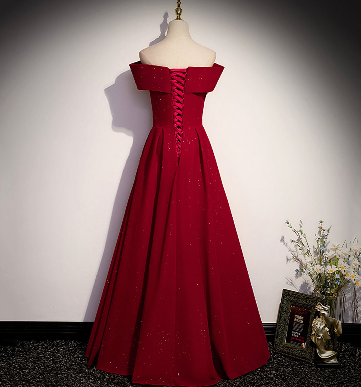 Robe de soirée longue en satin bordeaux Robe de soirée trapèze 10138