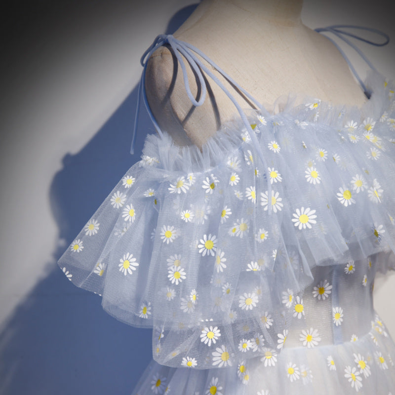 Robe de soirée longue en tulle bleu avec ligne A 8689