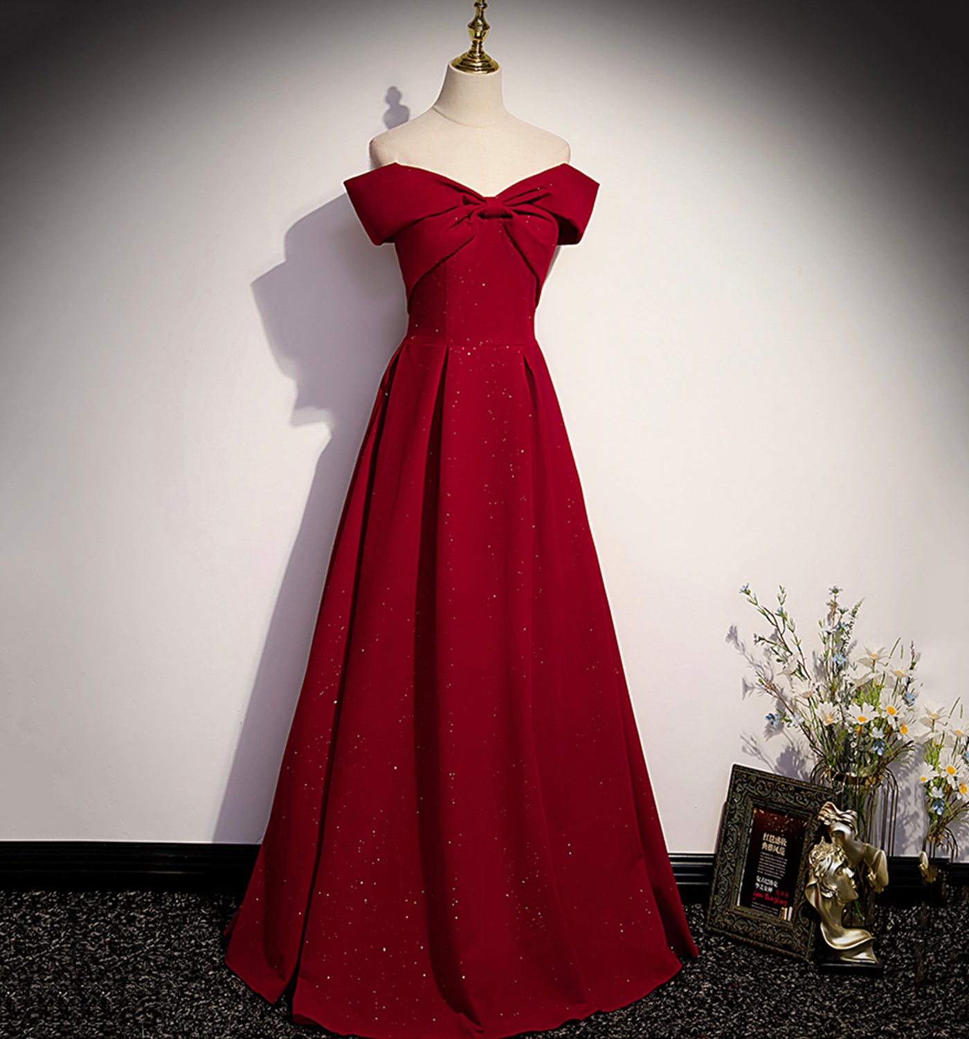 Robe de soirée longue en satin bordeaux Robe de soirée trapèze 10138