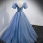 Robe de soirée longue en tulle bleu à paillettes 10159