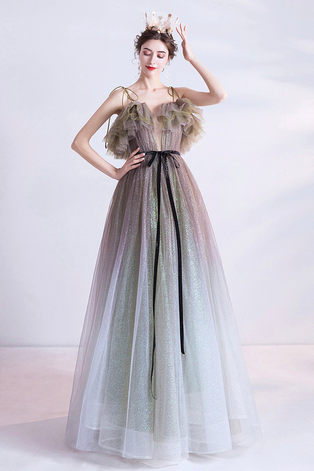 Graugrünes Tüll Pailletten langes Ballkleid Abendkleid 10616