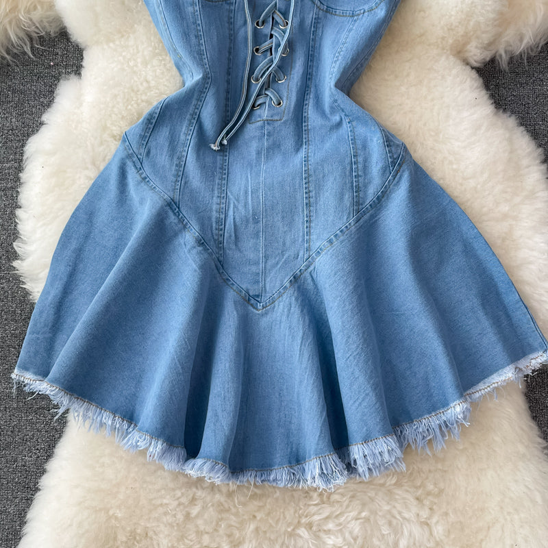 Süßes Schnür-Denimkleid A-Linie Modekleid 10733