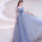 Blue tulle long A line prom dress blue evening dress  10530