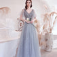 Gray tulle sequins long prom dress A line evening dress  10528
