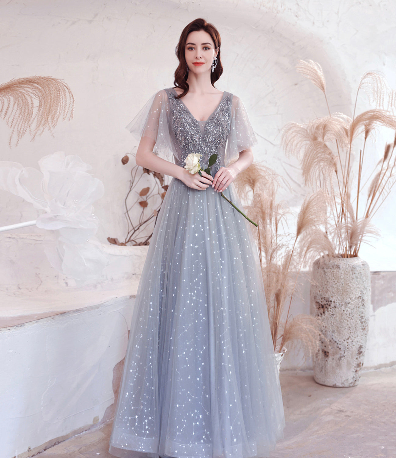 Gray tulle sequins long prom dress A line evening dress  10528