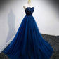 Blue velvet tulle long prom dress blue evening gown  10161