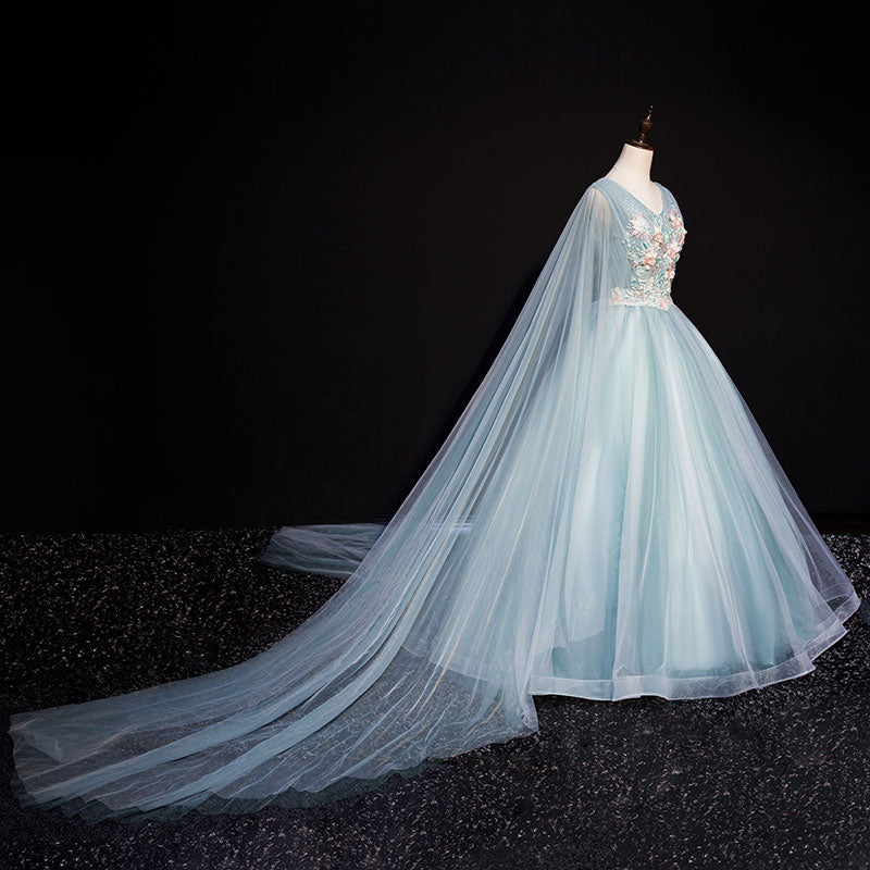 Robe de soirée longue en tulle bleu et dentelle 10636