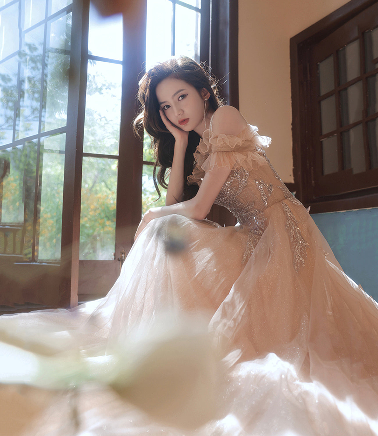 Champagne tulle long prom dress A line evening dress  10388