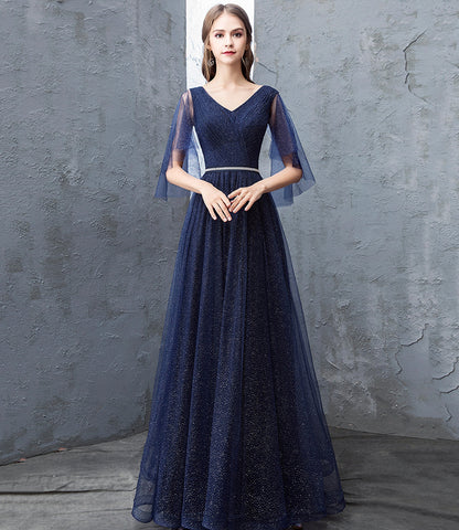 Blue tulle long prom dress A line evening dress  10377