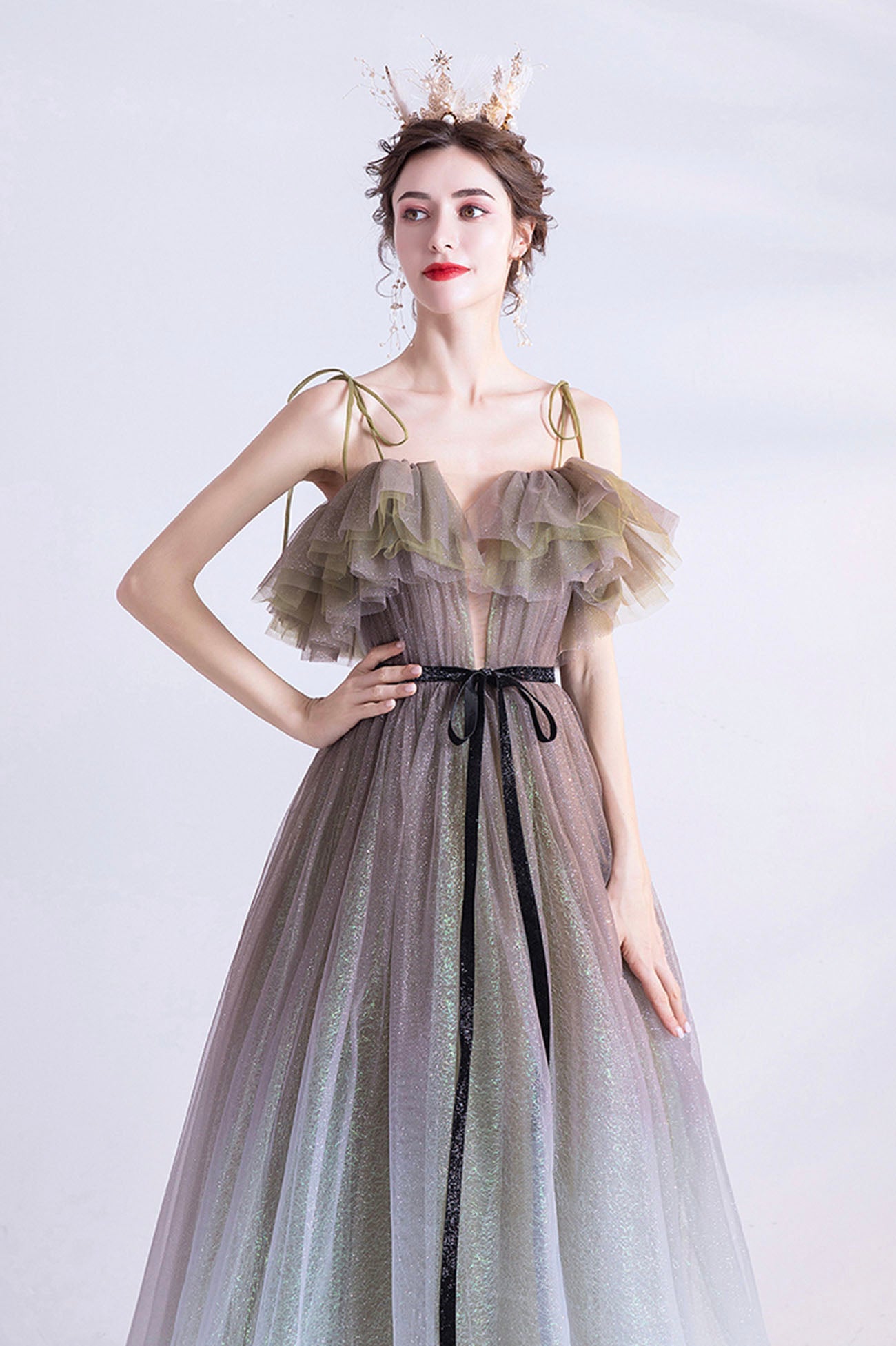 Graugrünes Tüll Pailletten langes Ballkleid Abendkleid 10616