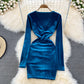 Sexy Langarm-Kleid aus Samt mit V-Ausschnitt Modekleid 10864 