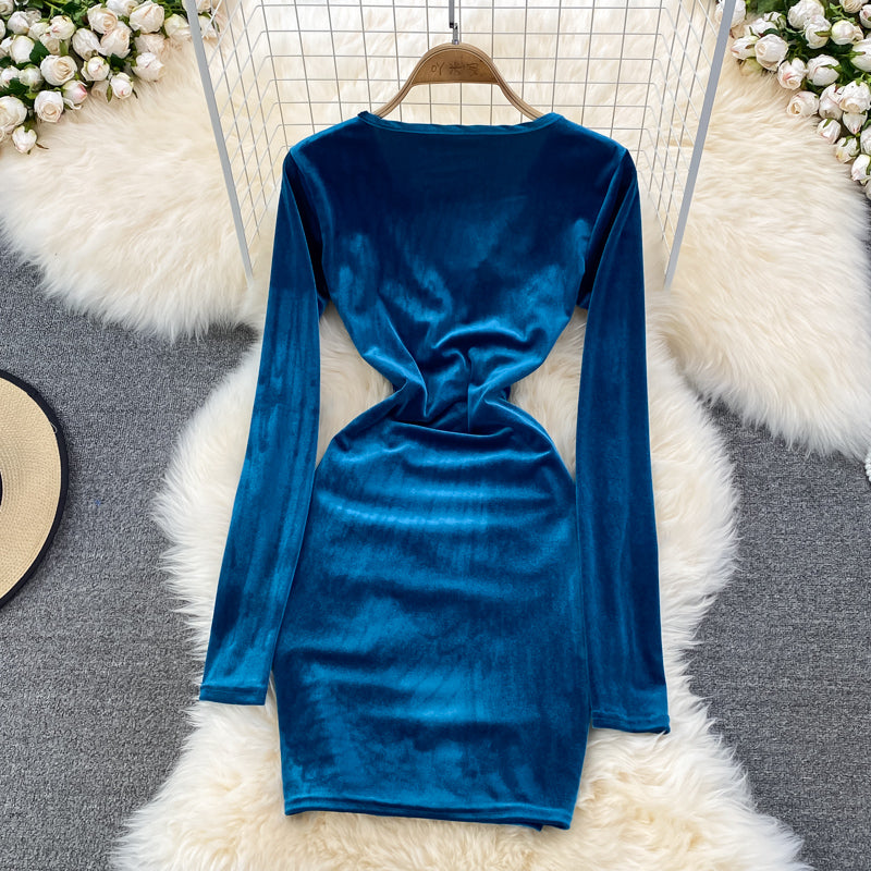 Sexy Langarm-Kleid aus Samt mit V-Ausschnitt Modekleid 10864 