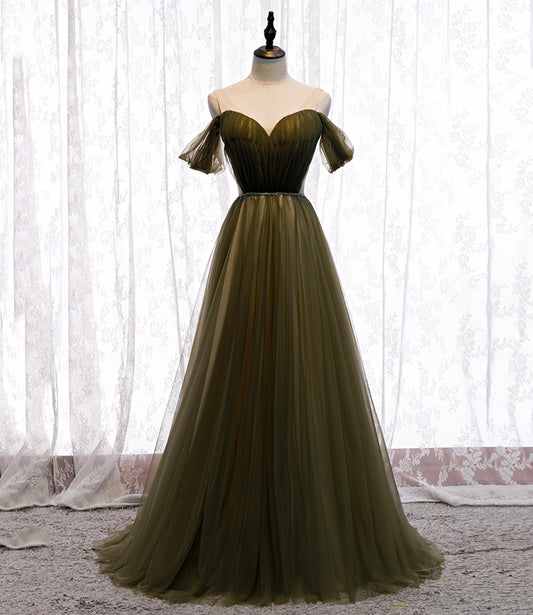 Robe de soirée longue en tulle vert avec ligne A 8929