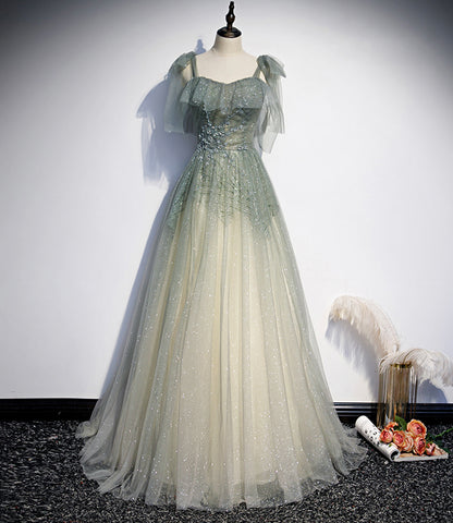 Green tulle sequins long prom dress evening gown  10474