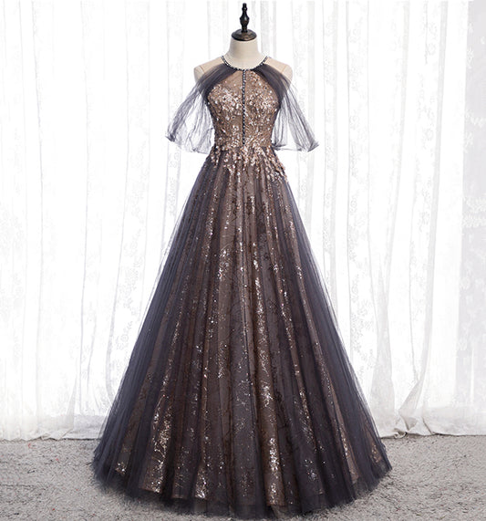 Stylish tulle sequins long prom dress evening gown  10007