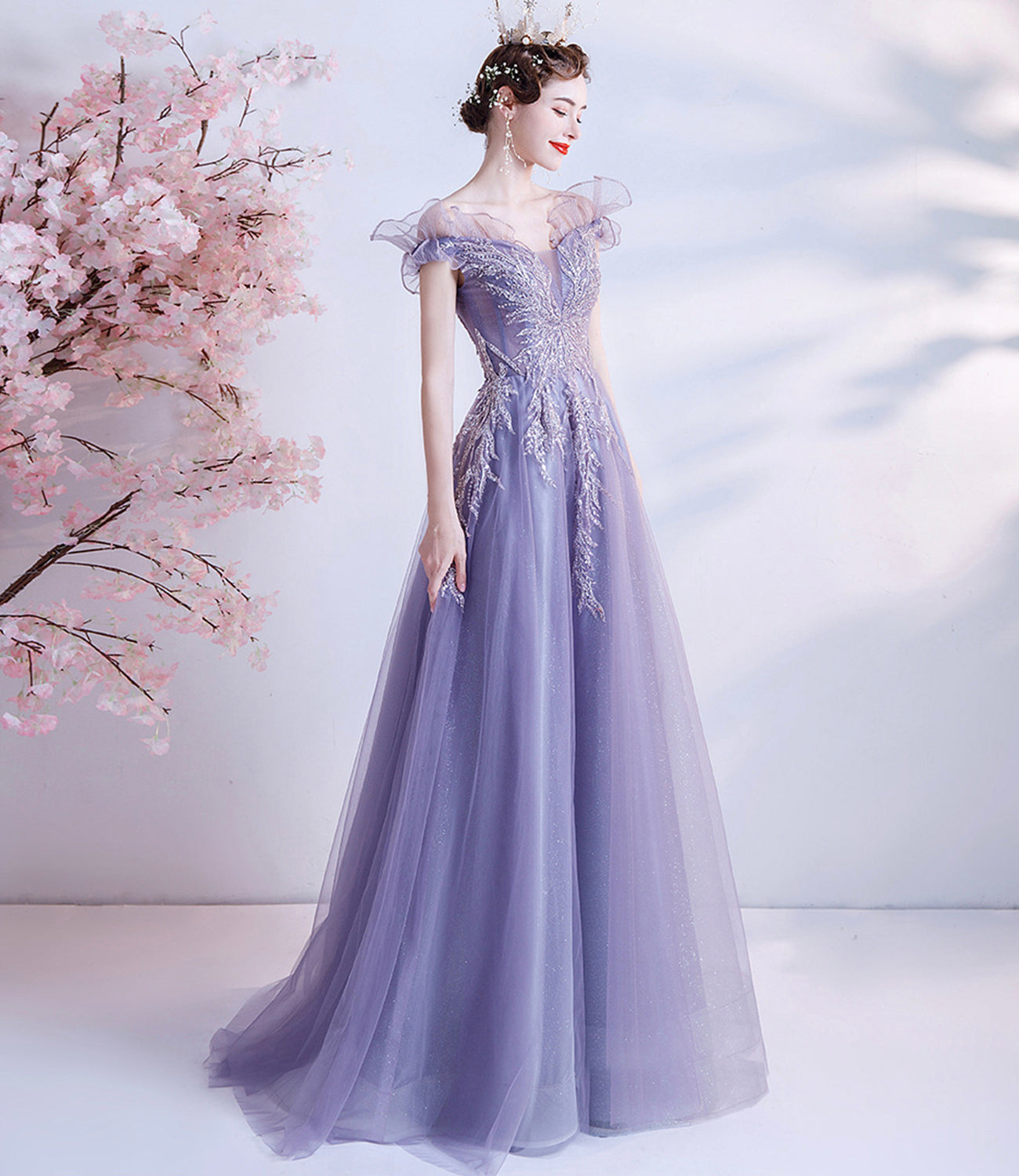 Lila Tüll Pailletten langes Ballkleid A-Linie Abendkleid 10463