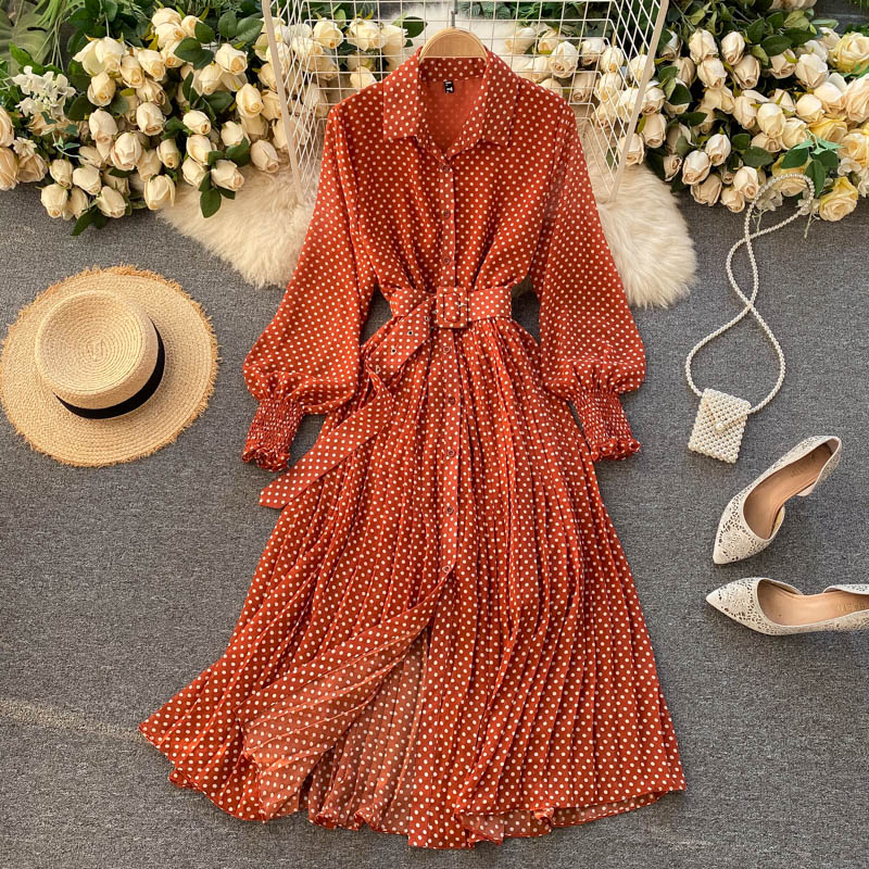 Modisches A-Linien-Tupfen-Langarmkleid Modekleid 10924