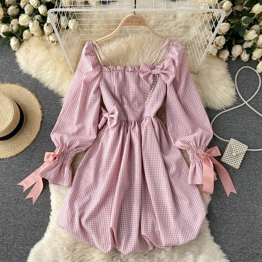 Süßes kariertes Langarmkleid Modekleid 10907