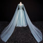 Robe de soirée longue en tulle bleu et dentelle 10636