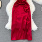 Robe en satin plissée fendue à col en V et coupe slim en acétate 11180