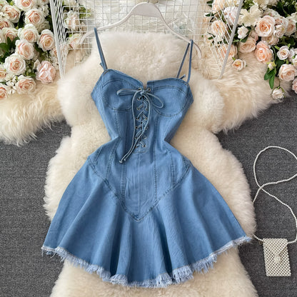 Süßes Schnür-Denimkleid A-Linie Modekleid 10733