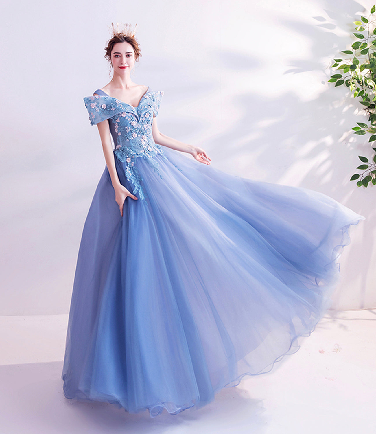 Robe de bal longue en tulle bleu et dentelle Robe de soirée trapèze 10455