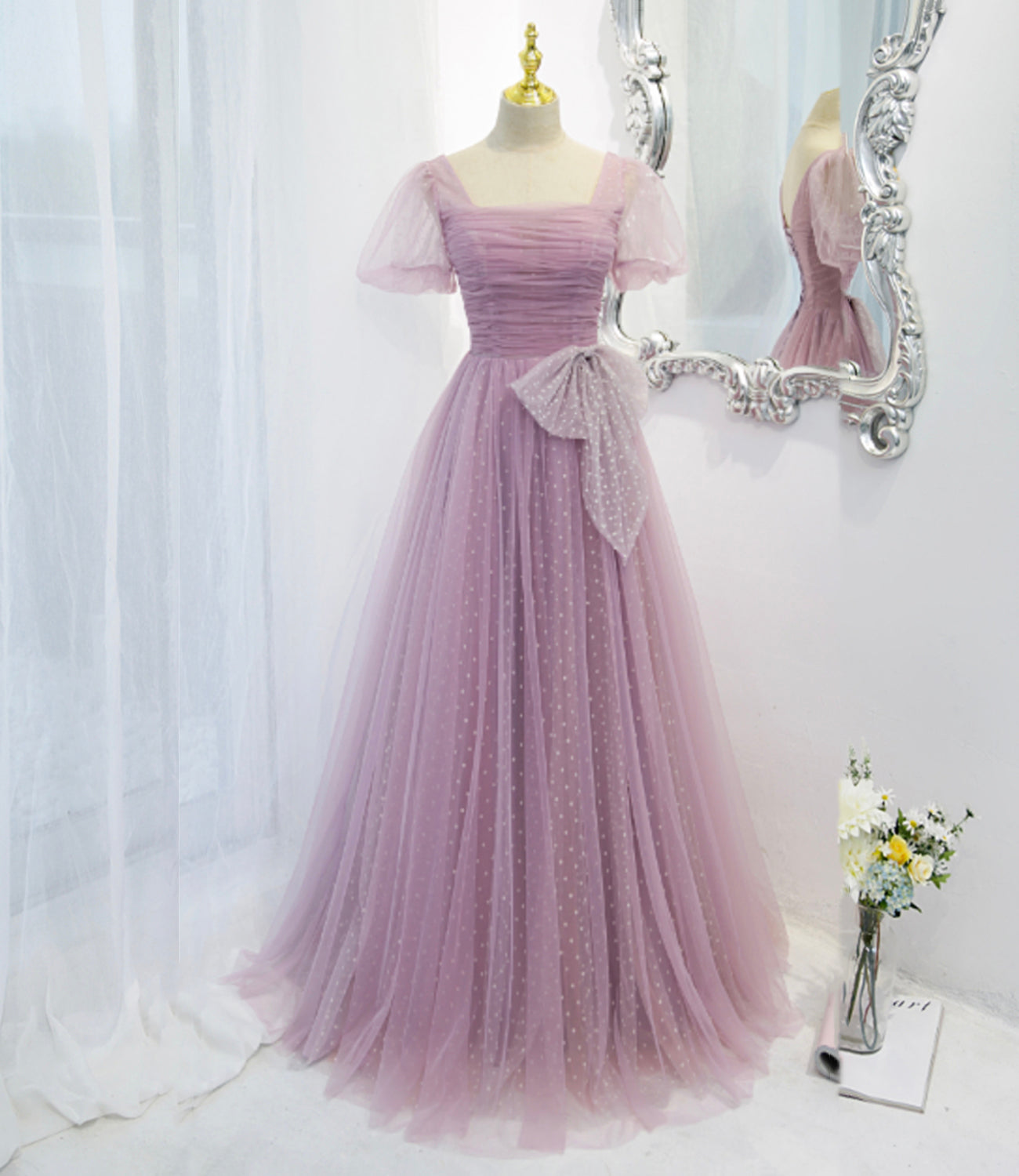 Lila Tüll langes A-Linie Ballkleid Abendkleid 8820