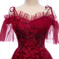 Burgundy tulle lace long prom dress evening dress  8305