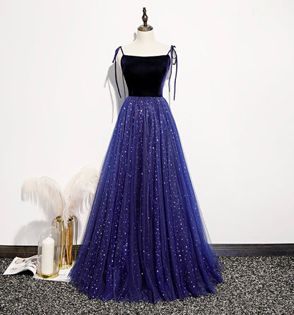Robe de soirée longue en tulle velours bleu Robe de soirée trapèze 8634