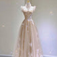 Robe de soirée en tulle et dentelle champagne longueur thé 10313
