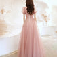 Robe de soirée longue en tulle rose mignonne, coupe A, 10524