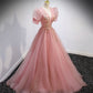 Pink tulle beads long prom dress A line evening gown  10162