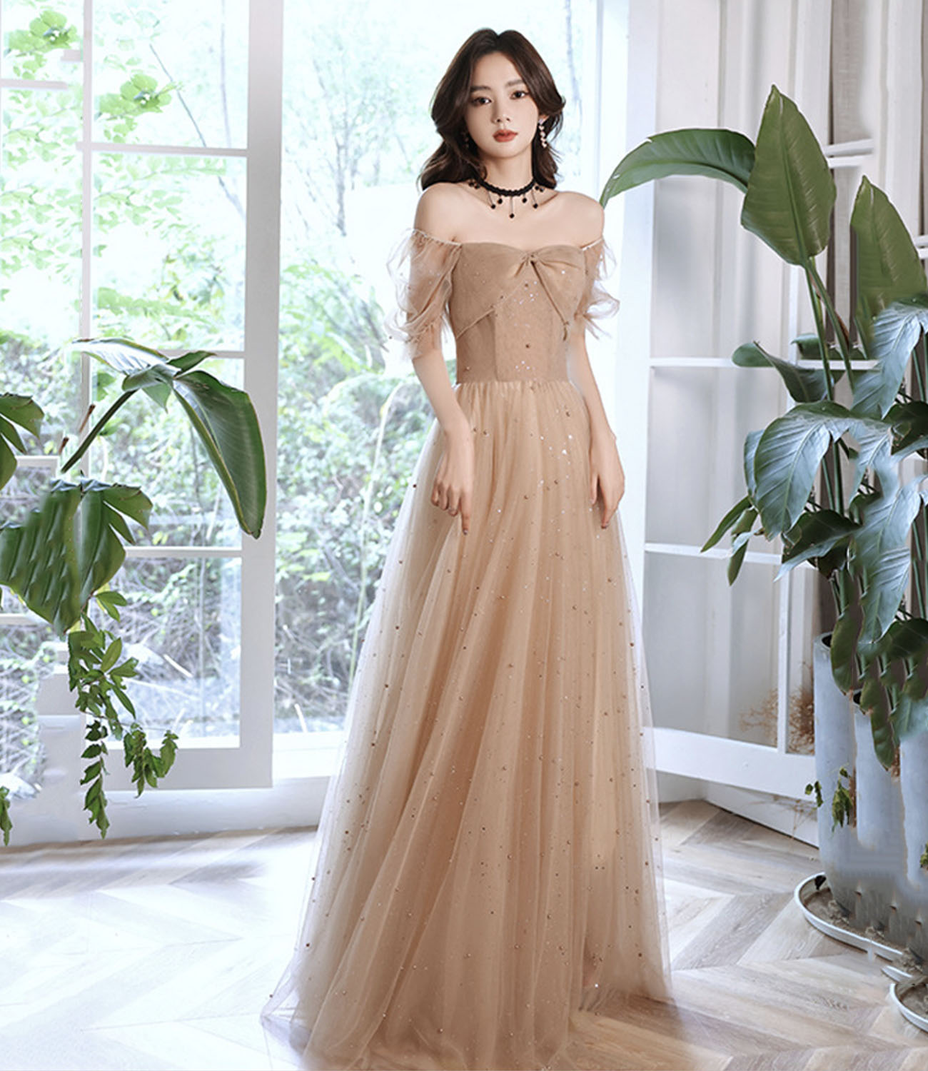 Cute tulle long prom dress A line evening dress  10430