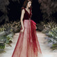 Burgundy velvet long prom dress A line evening gown  10495