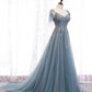 Blaues langes Ballkleid aus Tüllspitze blaues Abendkleid 10356