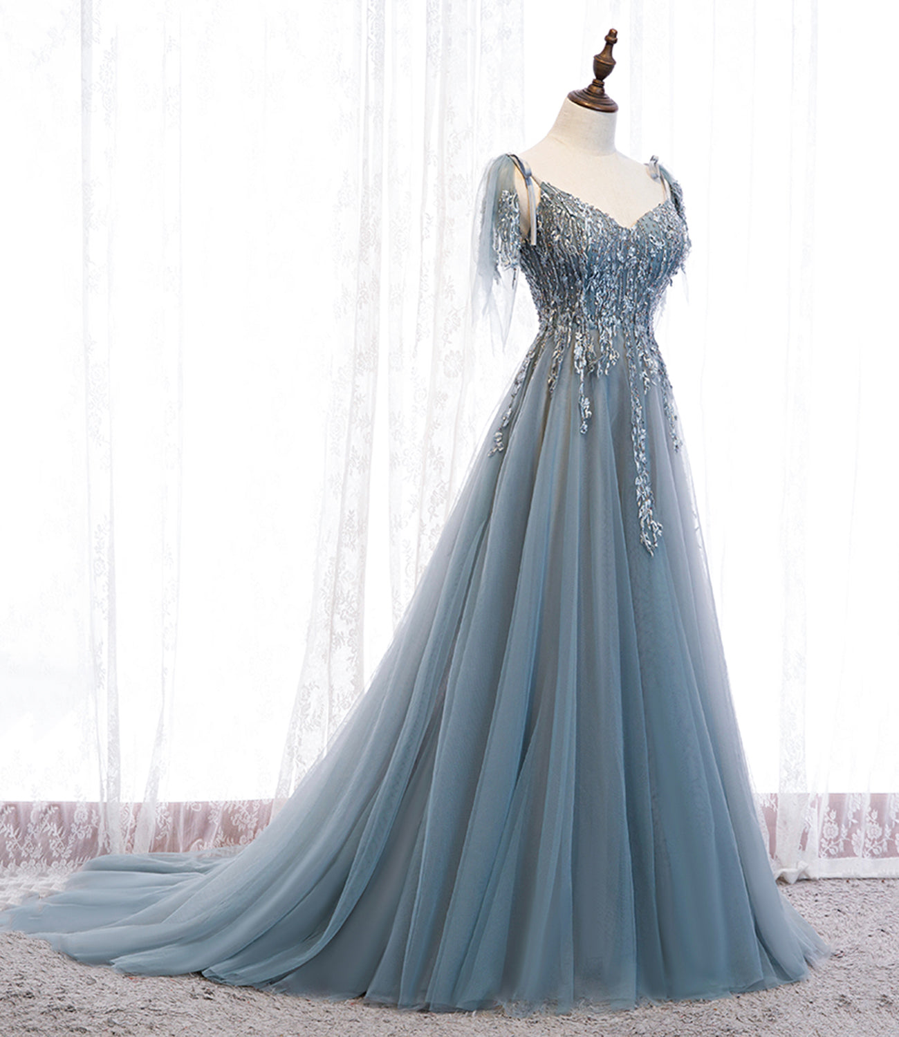 Blaues langes Ballkleid aus Tüllspitze blaues Abendkleid 10356
